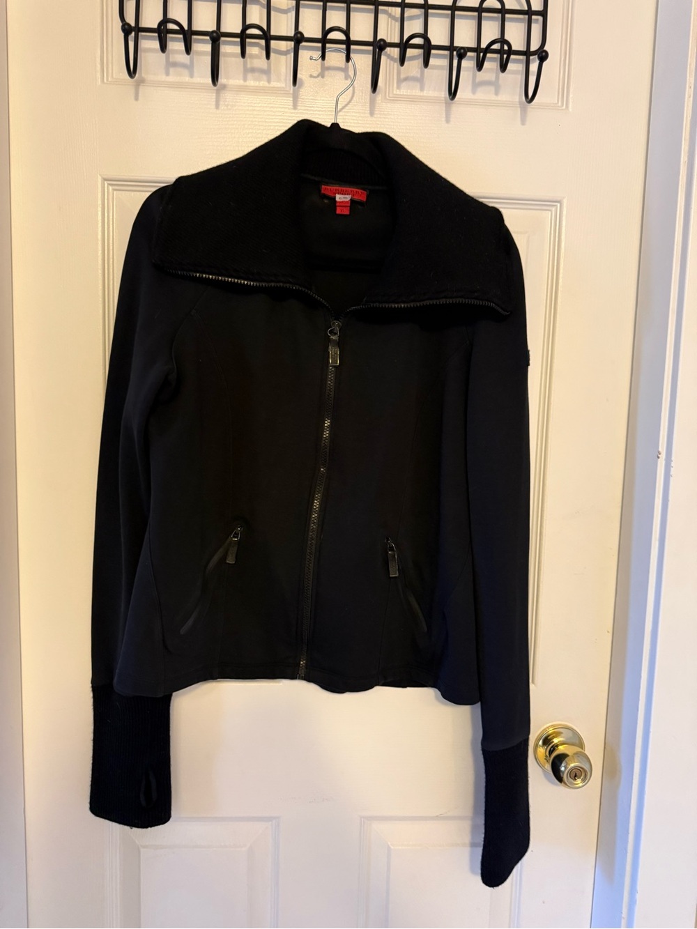 Women’s Black Burberry Fitted Zipper-Front Jacket with Knit Collar & Thumb Holes
